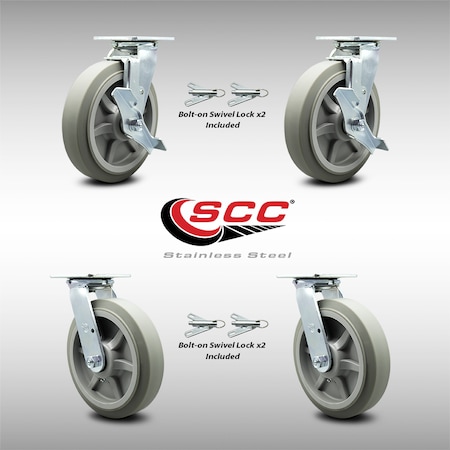 Service Caster 8 Inch SS Thermoplastic Caster Set with Roller Bearing 4 Swivel Lock 2 Brake SCC SCC-SS30S820-TPRRF-TLB-BSL-2-BSL-2